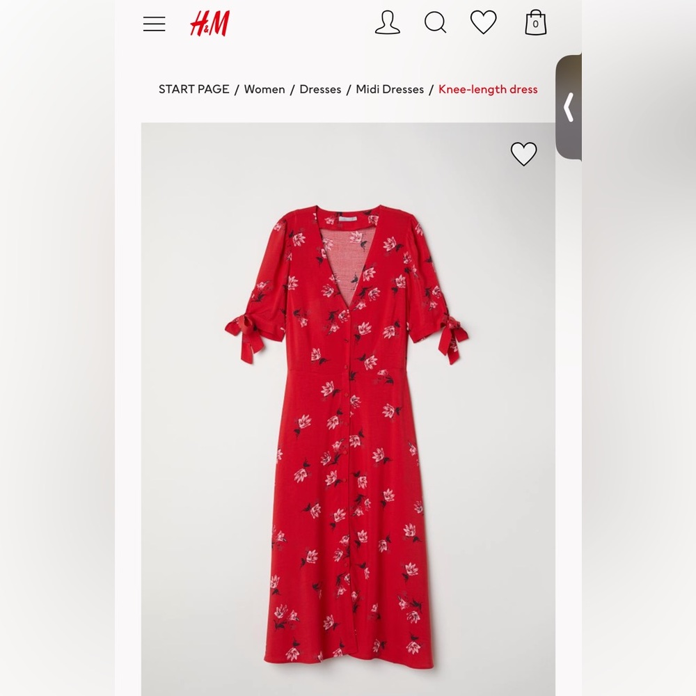 H&M red knee length midi floral dress - size 2